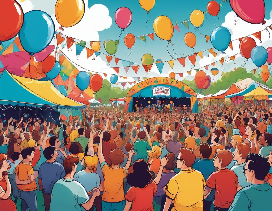 A vibrant illustration of a large outdoor comedy festival, with colorful banners and a diverse crowd laughing and enjoying various humorous performances. Incorporate playful cartoon characters telling jokes on stage, surrounded by oversized props like giant whoopee cushions and quirky signs. Add elements of wild, exaggerated emotions, such as exaggerated laughter and playful antics in the audience. The background should be filled with balloons and whimsical decor that enhances the fun atmosphere. cartoon style. vibrant colors. lively and dynamic.