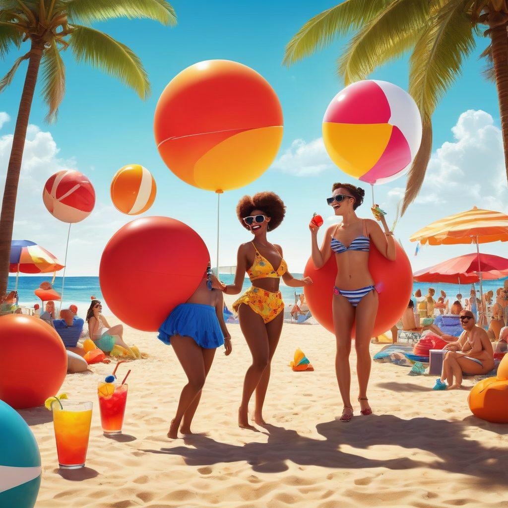 A whimsical scene featuring oversized, cartoonish characters joyfully engaging in humorous adult-themed activities, surrounded by exaggerated props like giant cocktails and oversized beach balls. The environment is bright and vibrant, encapsulating a sense of fun and laughter. Include playful elements like oversized sunglasses and a backdrop of a comical beach setting. vector art. vibrant colors. playful style.
