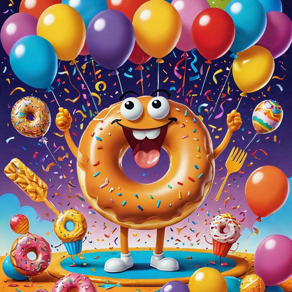 A whimsical scene featuring a cartoon-style oversized donut with a cheeky smile, surrounded by playful illustrations of fun and laughter: a giggling cartoon character holding a giant fork, colorful balloons floating around, and various comedic props like a whoopee cushion and a rubber chicken. The background has a vibrant carnival feel, with confetti and laughter-inducing elements popping around. cartoon art style. vibrant colors. playful vibe.